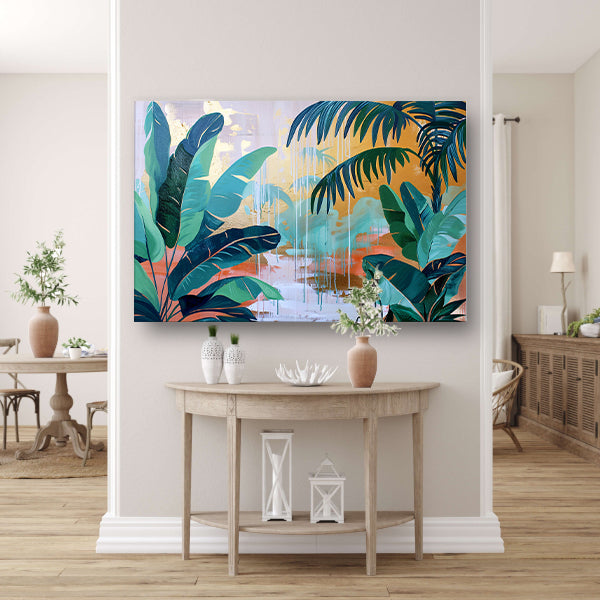 Kleurrijk abstract schilderij van een regenwoud canvas met baklijst