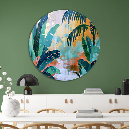 Kleurrijk abstract schilderij van een regenwoud forex muurcirkel