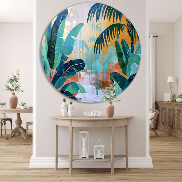 Kleurrijk abstract schilderij van een regenwoud forex muurcirkel