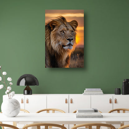 Majestueuze leeuw bij zonsondergang canvas met baklijst