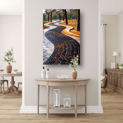 Abstract Kronkelend Pad met Contrasterende Tegels canvas met baklijst