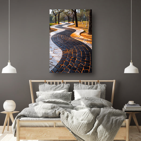 Abstract Kronkelend Pad met Contrasterende Tegels canvas met baklijst