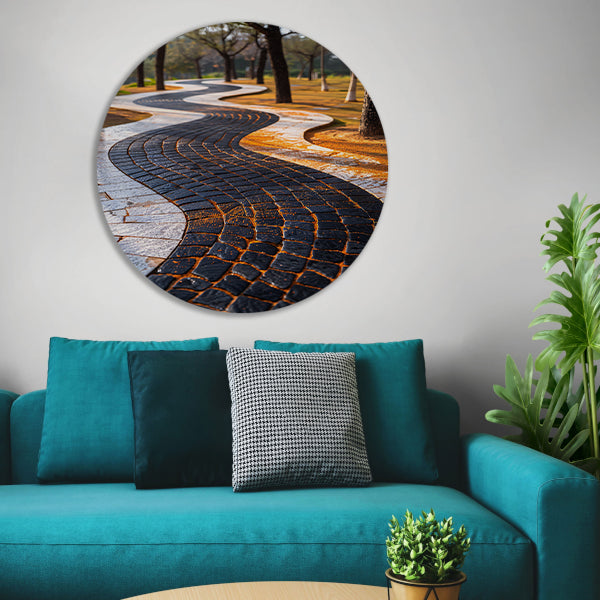 Abstract Kronkelend Pad met Contrasterende Tegels aluminium muurcirkel