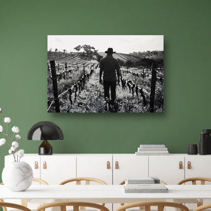 Man wandelt door zonovergoten wijngaard canvas met baklijst