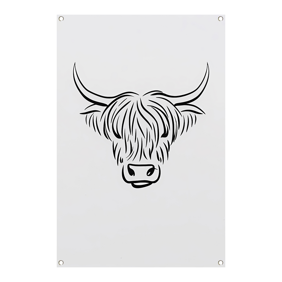 Zwart-witte lijntekening van een Schotse hooglander tuinposter