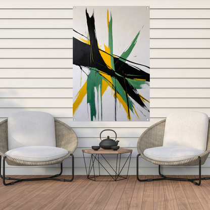 Abstracte dynamiek in zwart, wit en geel tuinposter