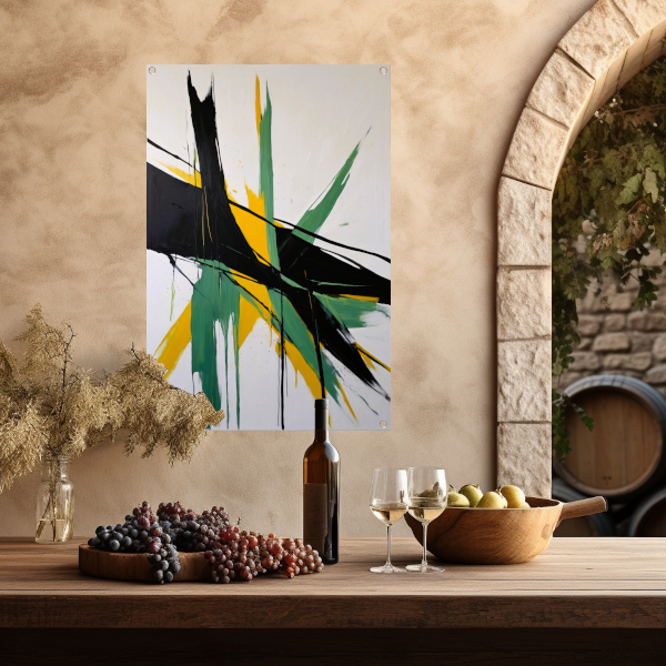 Abstracte dynamiek in zwart, wit en geel tuinposter