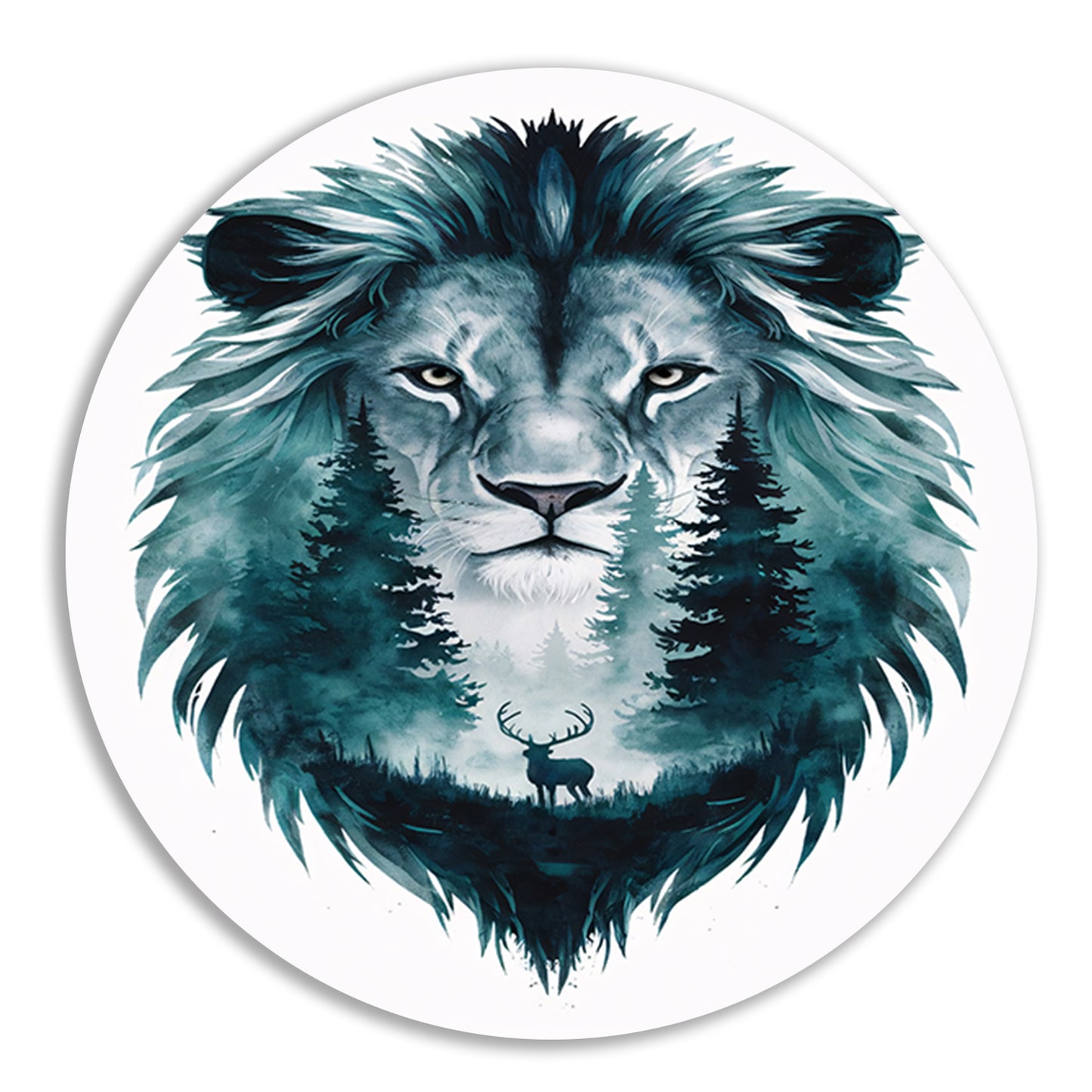 Surrealistisch portret van leeuw en hert aluminium muurcirkel