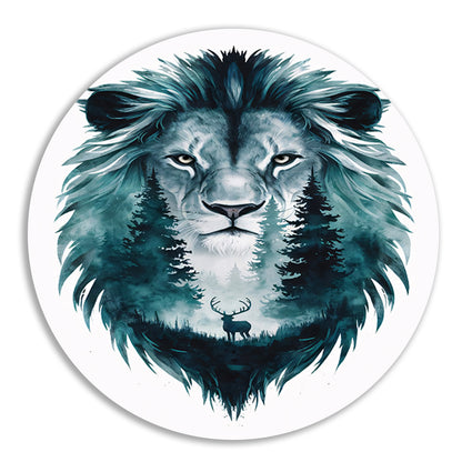 Surrealistisch portret van leeuw en hert aluminium muurcirkel