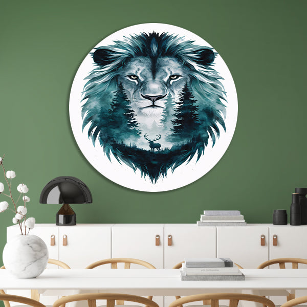 Surrealistisch portret van leeuw en hert aluminium muurcirkel