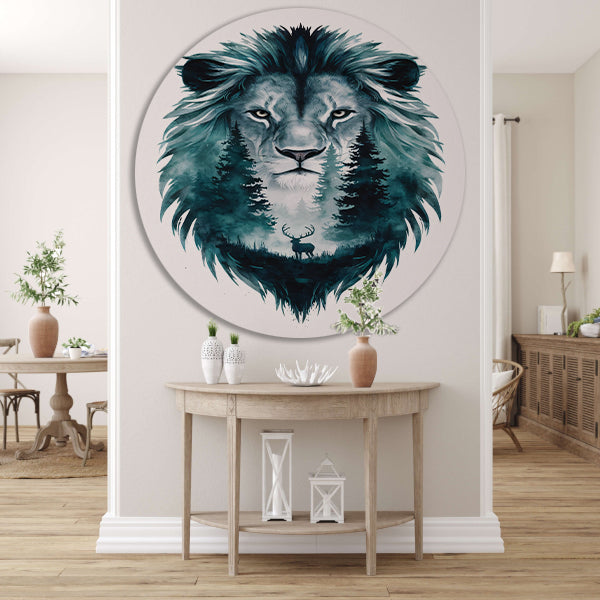 Surrealistisch portret van leeuw en hert aluminium muurcirkel
