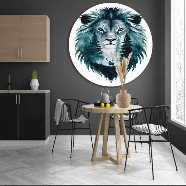 Surrealistisch portret van leeuw en hert aluminium muurcirkel