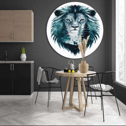 Surrealistisch portret van leeuw en hert aluminium muurcirkel