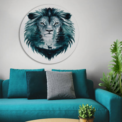 Surrealistisch portret van leeuw en hert aluminium muurcirkel