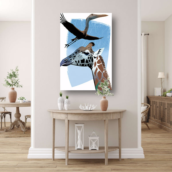 Minimalistische illustratie van giraf en vogel poster