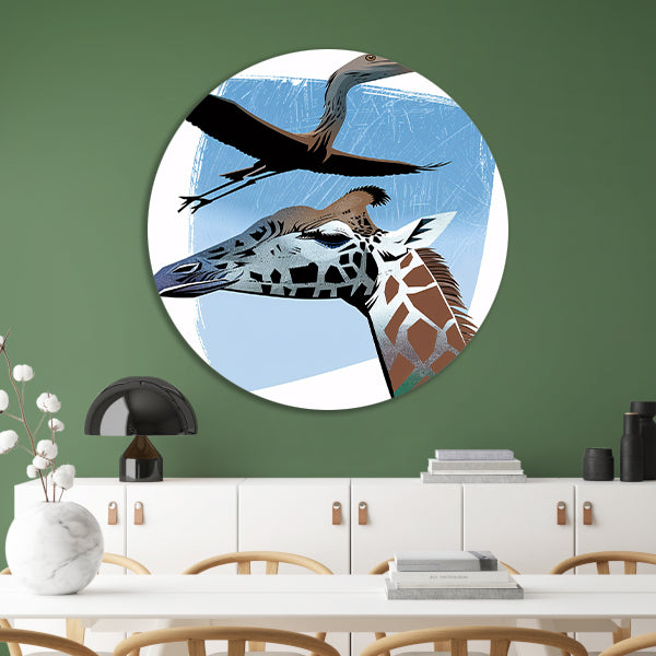 Minimalistische illustratie van giraf en vogel forex muurcirkel
