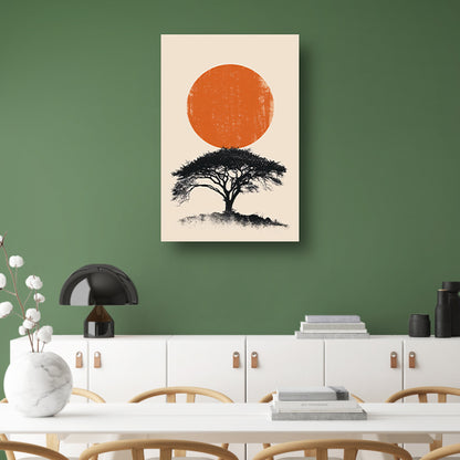 Minimale boom silhouet tegen oranje zon poster