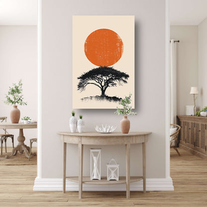 Minimale boom silhouet tegen oranje zon poster