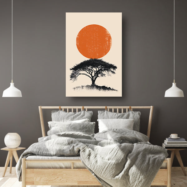 Minimale boom silhouet tegen oranje zon poster