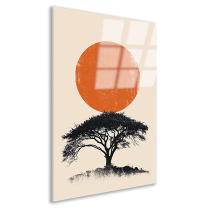 Minimale boom silhouet tegen oranje zon acrylglas