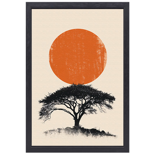 Minimale boom silhouet tegen oranje zon canvas met baklijst
