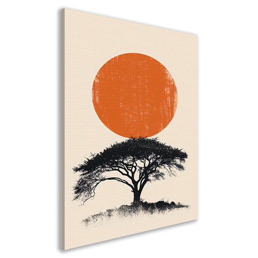 Minimale boom silhouet tegen oranje zon canvas