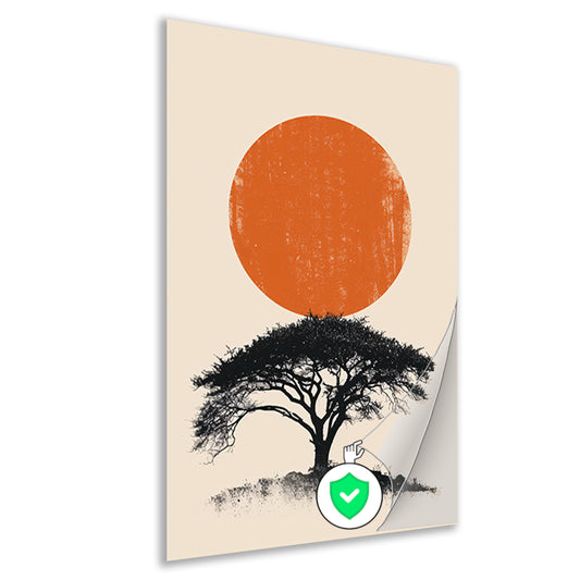 Minimale boom silhouet tegen oranje zon poster