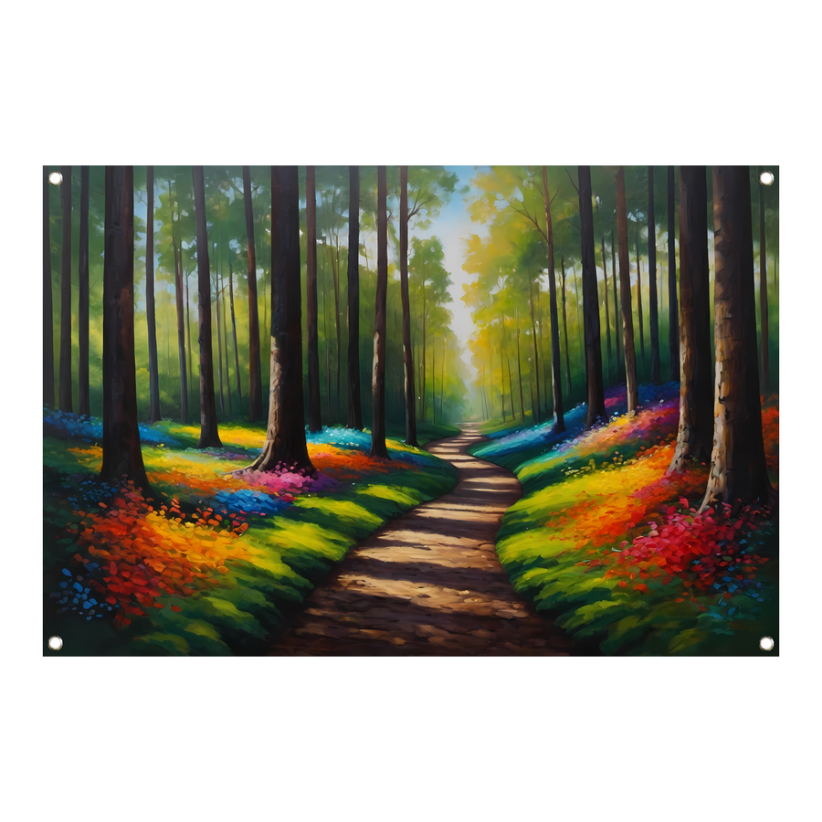 Betoverend Kleurrijk Bos met Wandelend Pad tuinposter