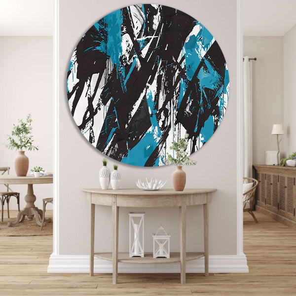 Abstracte dynamiek in zwart, wit en blauw   aluminium muurcirkel