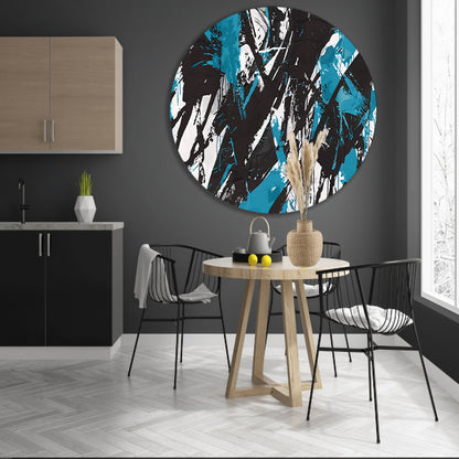 Abstracte dynamiek in zwart, wit en blauw   aluminium muurcirkel