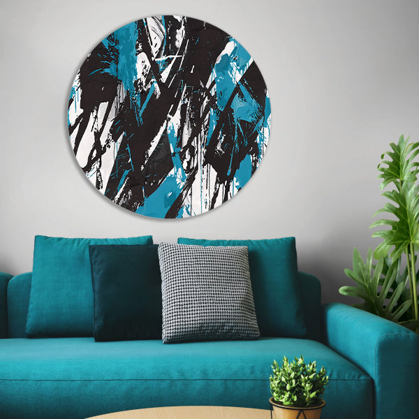 Abstracte dynamiek in zwart, wit en blauw   aluminium muurcirkel