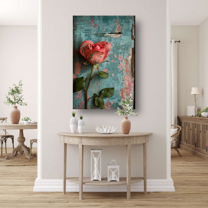 Een Roze Roos Tegen Verweerd Hout poster