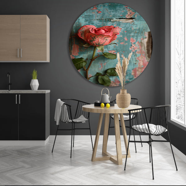 Een Roze Roos Tegen Verweerd Hout aluminium muurcirkel
