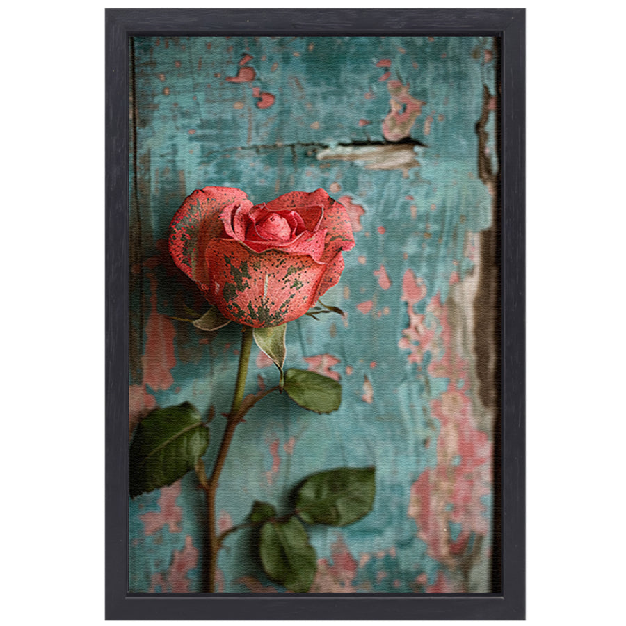 Een Roze Roos Tegen Verweerd Hout canvas met baklijst