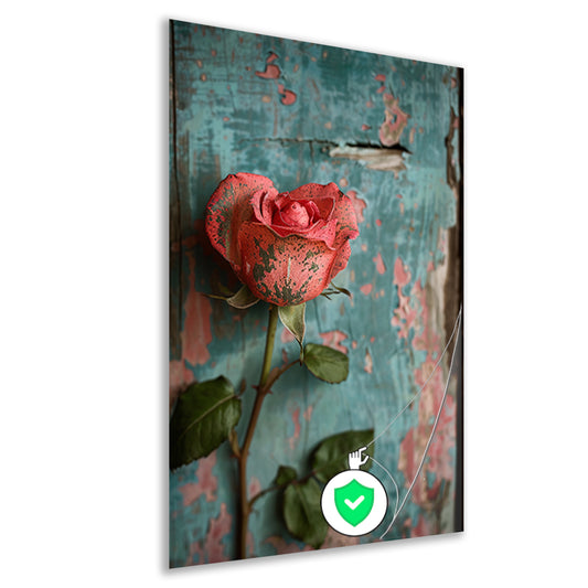 Een Roze Roos Tegen Verweerd Hout poster