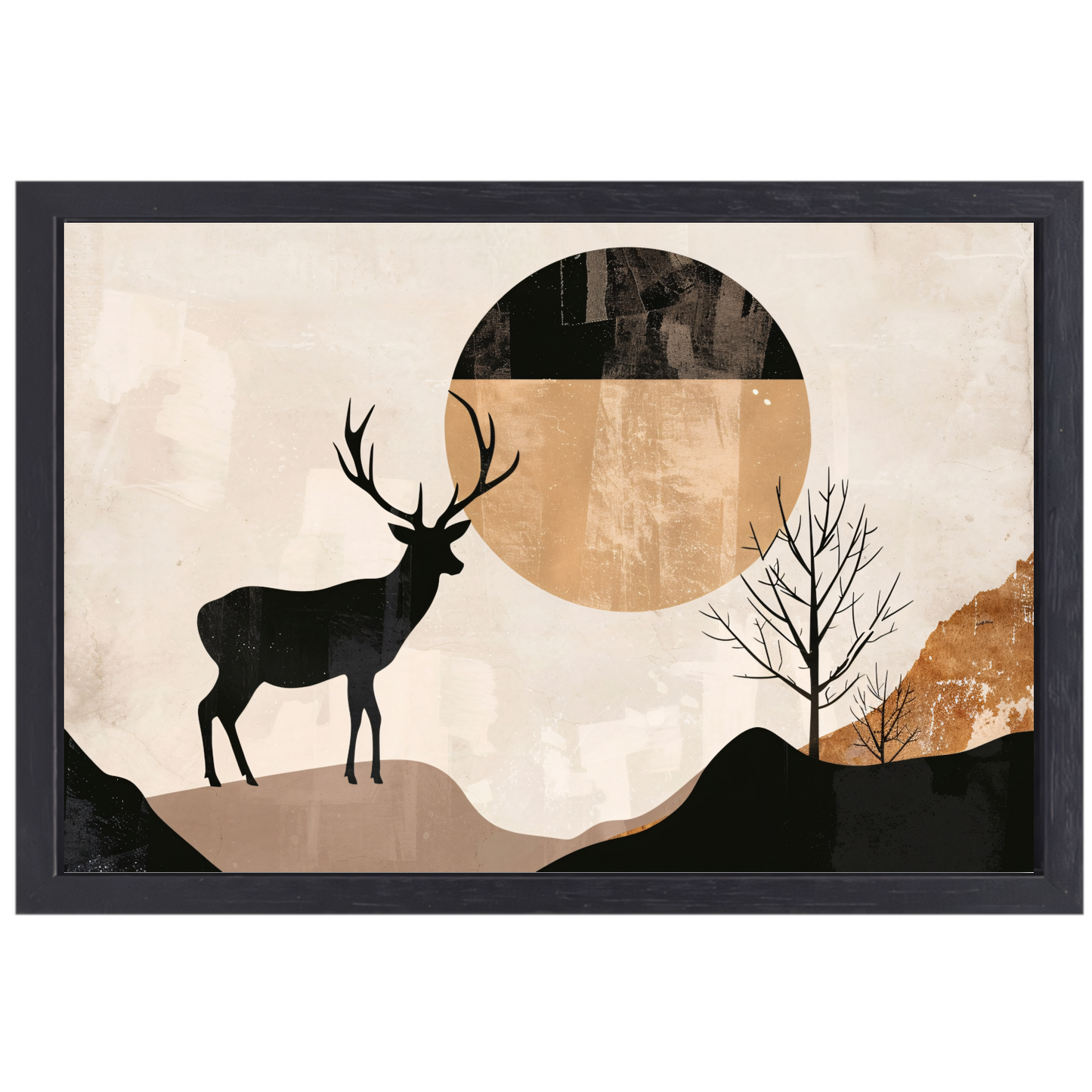 Silhouet van een hert bij nacht en natuur canvas met baklijst