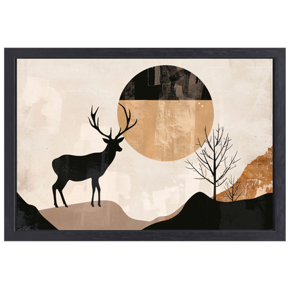 Silhouet van een hert bij nacht en natuur canvas met baklijst