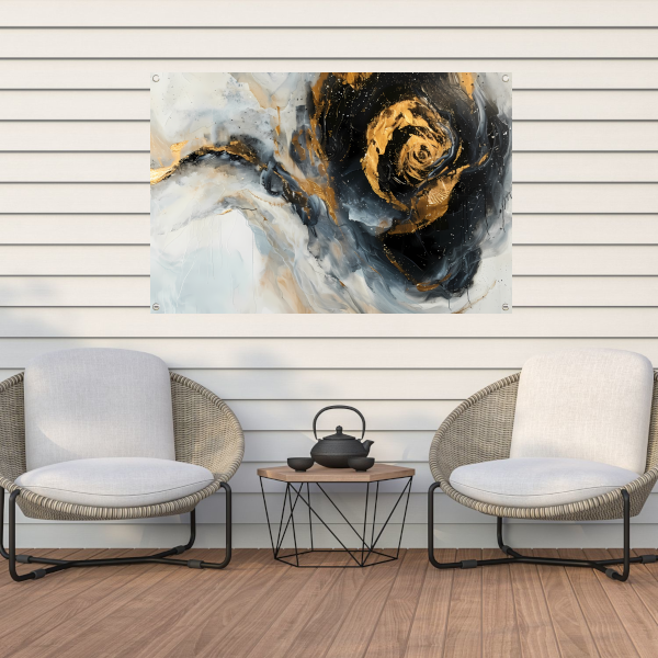 Moderne abstracte expressie in goud en blauwtinten tuinposter