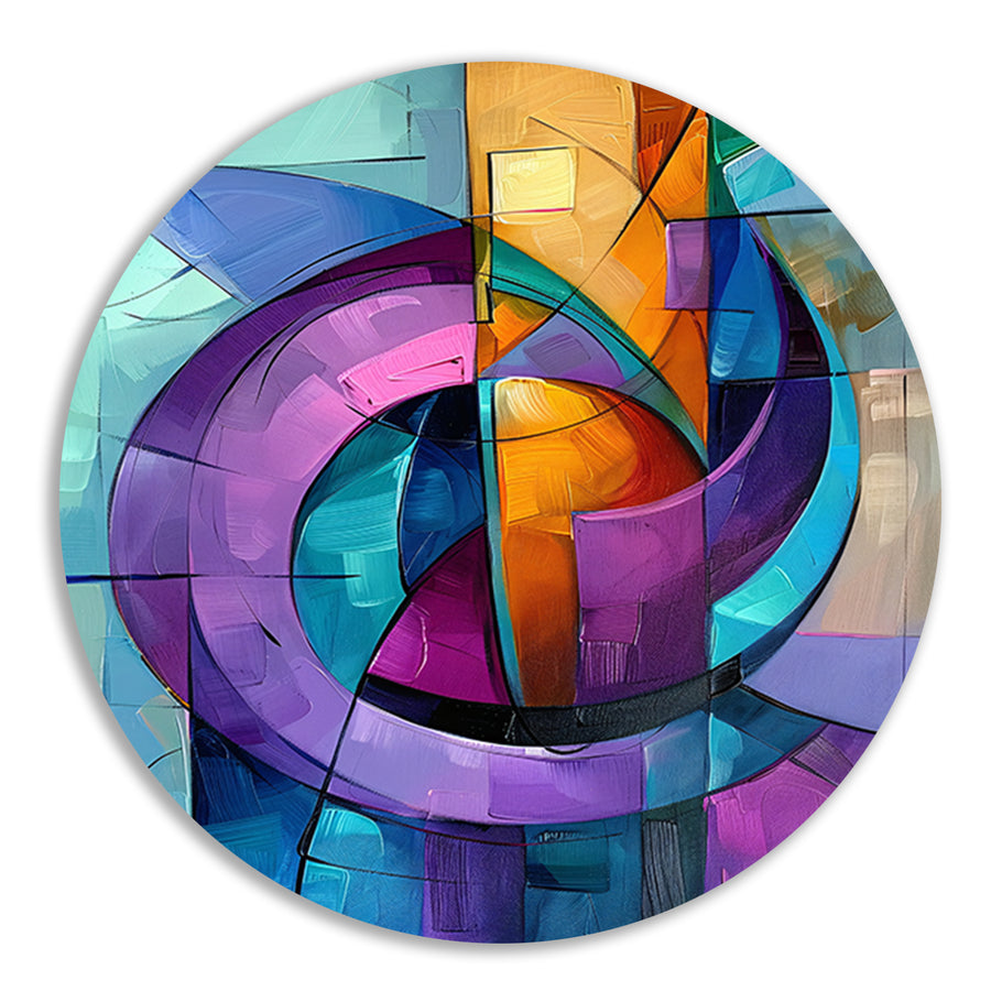 Abstract kleurrijk schilderij met geometrische vormen aluminium muurcirkel