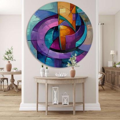 Abstract kleurrijk schilderij met geometrische vormen aluminium muurcirkel