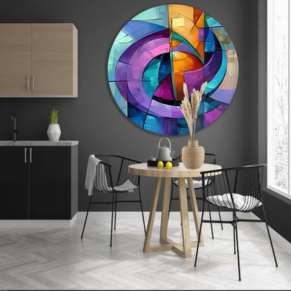 Abstract kleurrijk schilderij met geometrische vormen aluminium muurcirkel