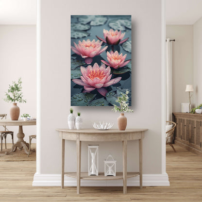 Roze waterlelies drijven op kalm water poster