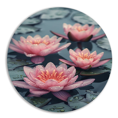 Roze waterlelies drijven op kalm water aluminium muurcirkel