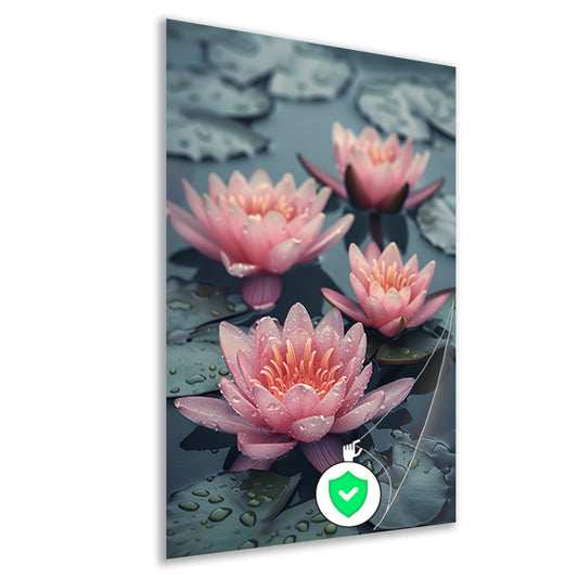 Roze waterlelies drijven op kalm water poster