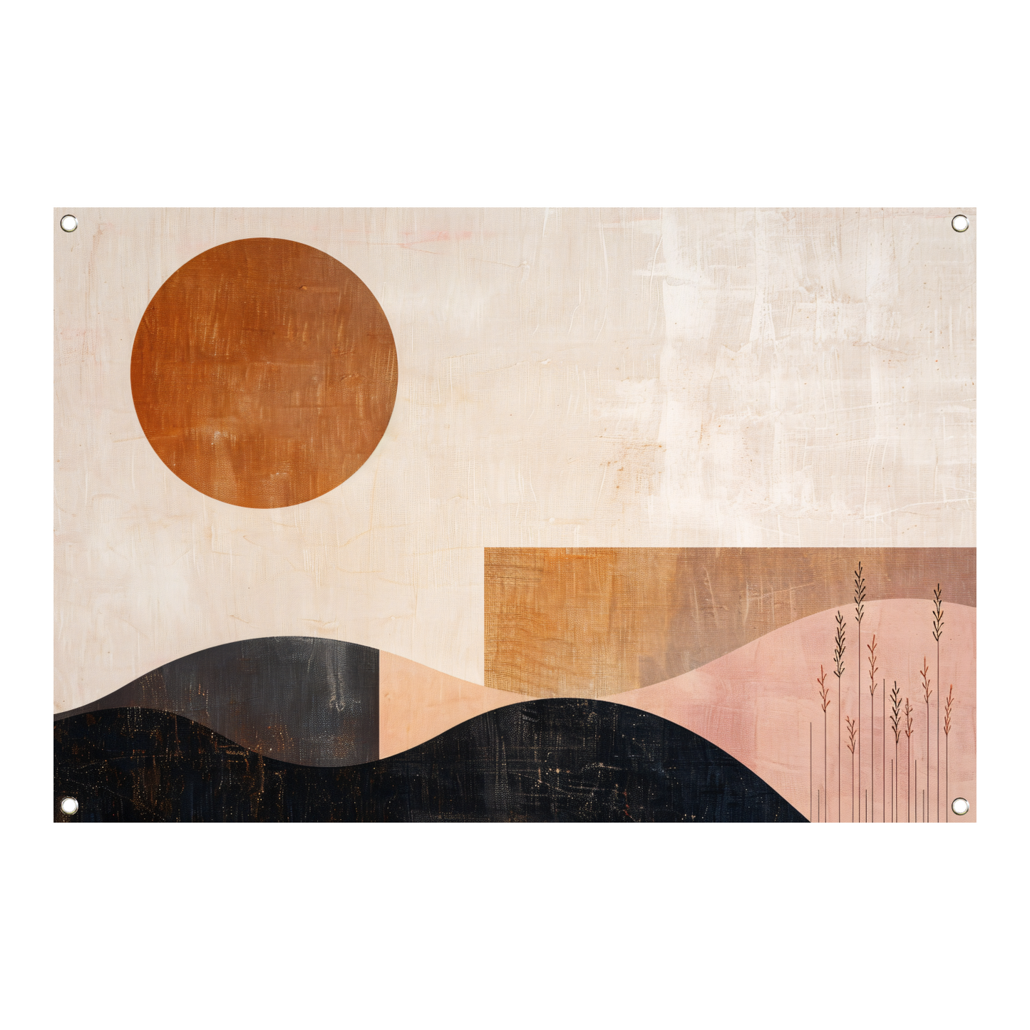 Stille landschap met bruine zon en planten tuinposter