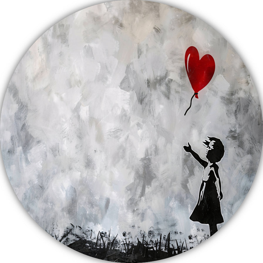 Silhouet van meisje met rode ballon tegen abstracte achtergrond aluminium muurcirkel
