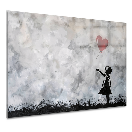 Silhouet van meisje met rode ballon tegen abstracte achtergrond acrylglas