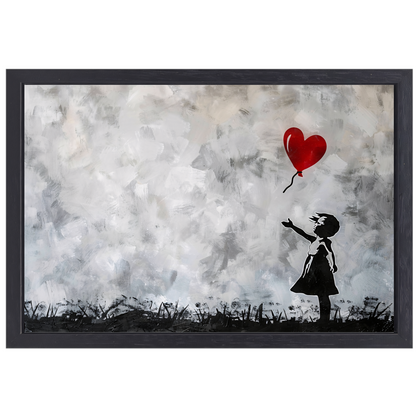 Silhouet van meisje met rode ballon tegen abstracte achtergrond canvas met baklijst