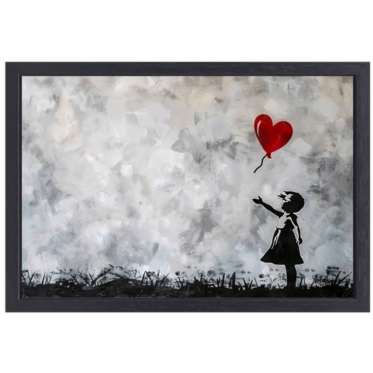 Silhouet van meisje met rode ballon tegen abstracte achtergrond canvas met baklijst