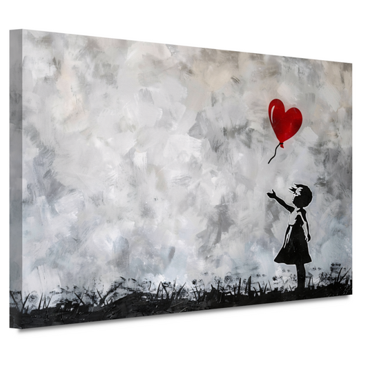 Silhouet van meisje met rode ballon tegen abstracte achtergrond canvas